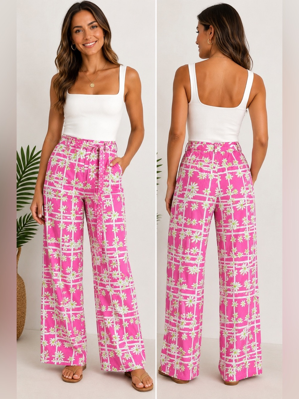 Lilly‎ Pulitzer Wide Leg Pants Womens 14 Pink Good Floral Belted Coastal Vintage